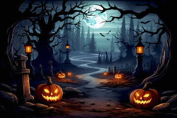 Spooky Halloween night scene with glowing jack-o'-lanterns and eerie moonlit pathway