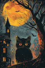 Black cat with glowing eyes in front of haunted house under a full moon for Halloween greeting card