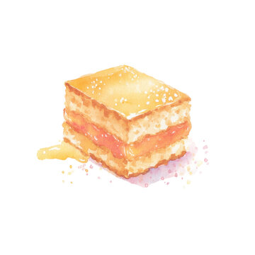 Watercolor illustration of delicious napolean pastry with sugar dusting