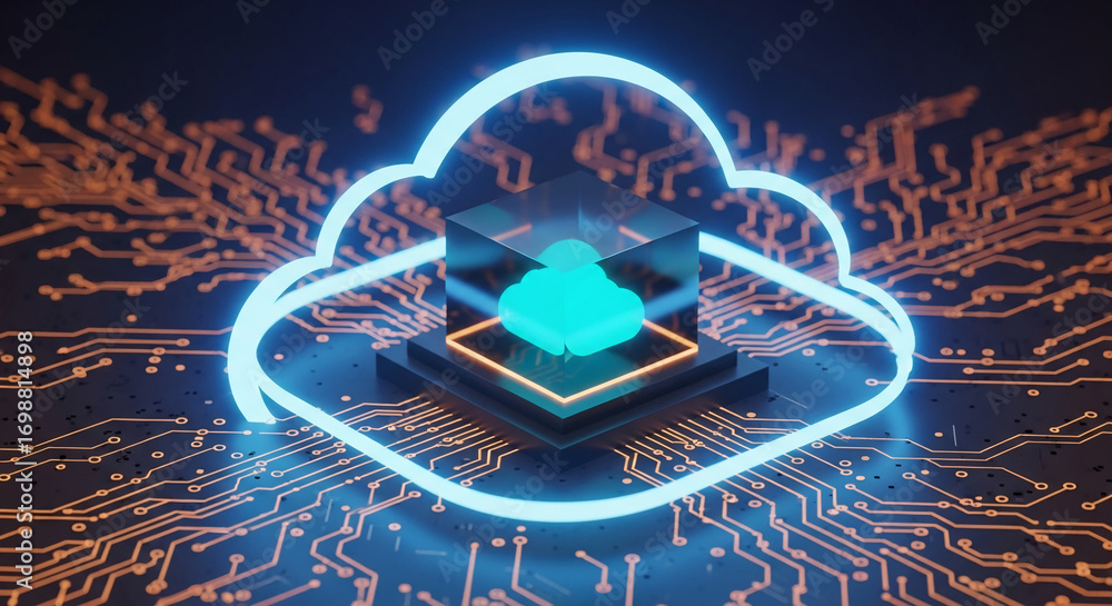 Aufkleber neon cloud icon encircles glowing cube on circuit board, symbolizing cloud computing, data storage, 