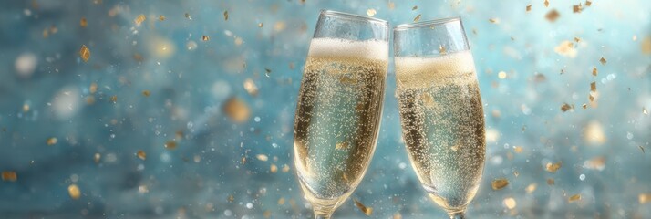 Champagne glasses clink together while confetti falls in a celebratory atmosphere during a special event