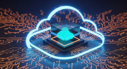 Neon cloud icon encircles glowing cube on circuit board, symbolizing cloud computing, data storage, digital technology, and network infrastructure