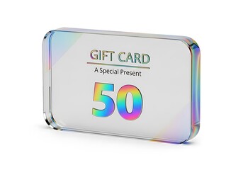 Modern gift card displaying fifty dollar value with rainbow accents in clear case