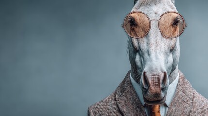 Horse in formal attire with glasses poses humorously against a neutral backdrop