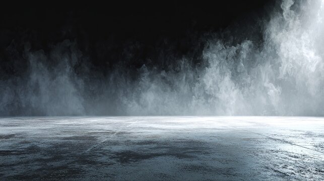 Mysterious swirling atmospheric smoke creates a dramatic backdrop over a wet concrete floor under dramatic lighting