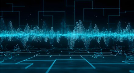 Elegant minimal background with glowing binary waves flowing horizontally in futuristic dark cyber environment