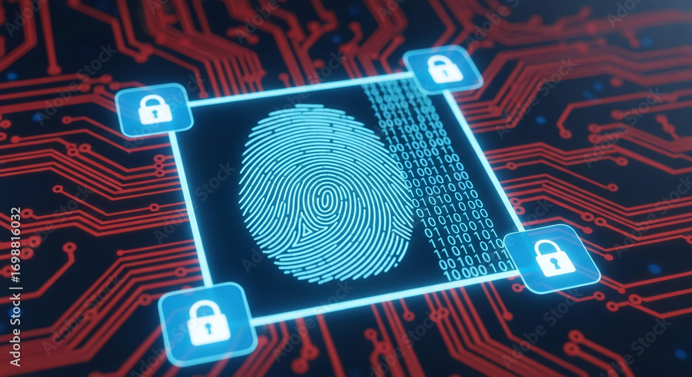 Poster digital fingerprint scan on circuit board, surrounded by lock icons, representing cybersecurity, dat