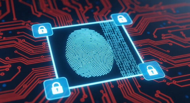 Digital fingerprint scan on circuit board, surrounded by lock icons, representing cybersecurity, data protection, and digital identity verification