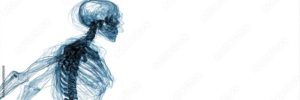Poster skeleton in profile view exhibiting anatomical structure and details, emphasizing the human form in 