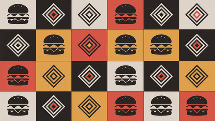 Trendy burger restaurant design pattern with geometric shapes, perfect for branding or marketing materials
