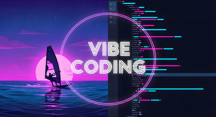 Vibe coding concept balancing work and leisure, with a split screen of a synthwave windsurfer and a neon code editor.