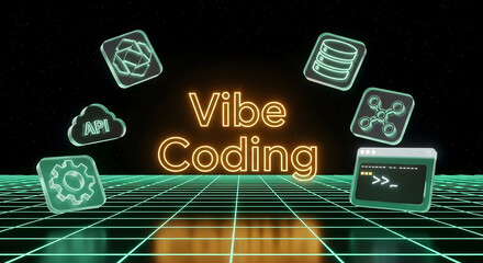 Vibe coding concept with glowing neon text and technology icons in a retro virtual space.