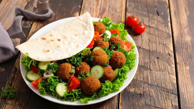 Appetizing falafel balls with fresh vegetables and flatbread served on a plate, healthy meal. - Powered by Adobe