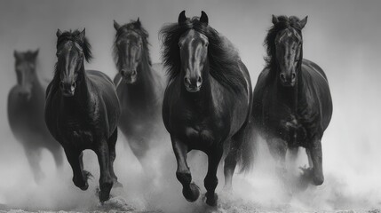 Powerful black horses galloping through misty landscape in dramatic monochrome setting