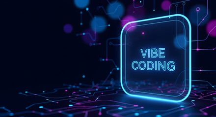 Futuristic concept of vibe coding with glowing neon text inside a frame on a digital circuit board.