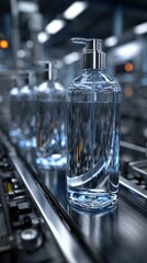 Bottles of liquid on a production line in a factory during daylight hours showcasing modern packaging techniques