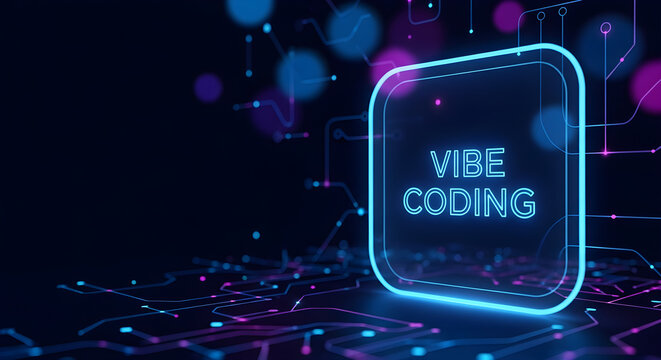 Futuristic concept of vibe coding with glowing neon text inside a frame on a digital circuit board.