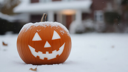 Snowy Jack-o'-Lantern: Carved pumpkin covered in snow, blending spooky season with winter wonderland charm. A Halloween surprise!