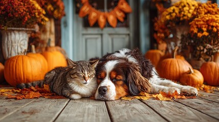 Adorable cat and dog napping peacefully together amidst vibrant autumn pumpkins and colorful fall leaves outside