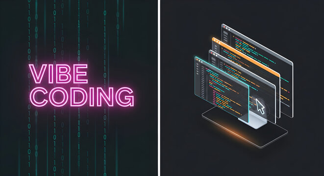 Futuristic vibe coding concept with an isometric developer workstation and glowing user interface.