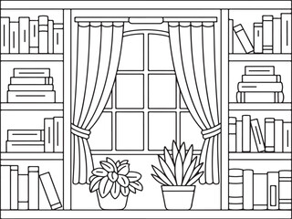 Line art of cozy home library with bookshelves, potted plants, window with curtains, and stacked books, perfect for coloring page or interior design illustration