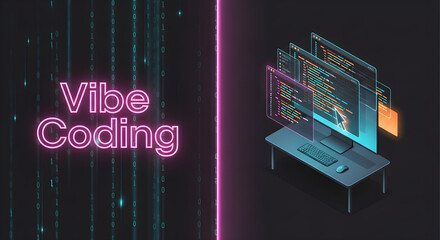 Futuristic vibe coding concept with an isometric developer workstation and glowing user interface.