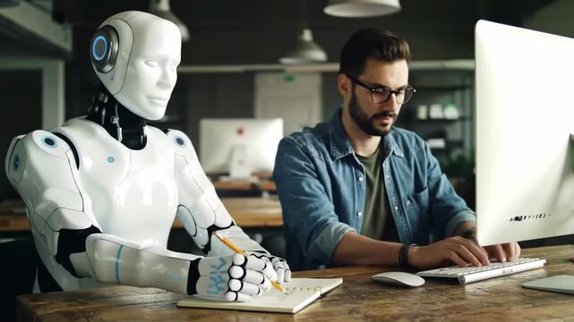 Human employee collaborating with an advanced AI humanoid robot partner at a shared desk in a modern office