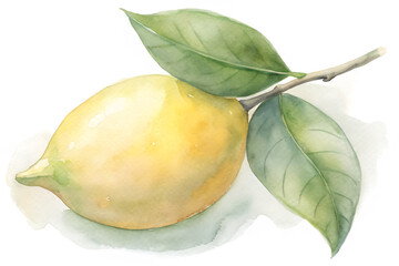 Watercolor painting of a lemon with leaves isolated on transparent background, showcasing the fruits smooth texture and vibrant yellow color in a natural setting