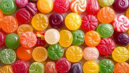 Colorful round hard candies in various patterns