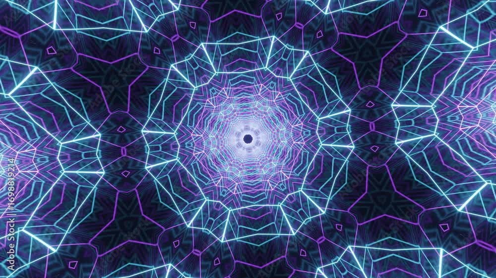Poster abstract kaleidoscope mandala neon acid background, hexagonal luminous line structures creating orna