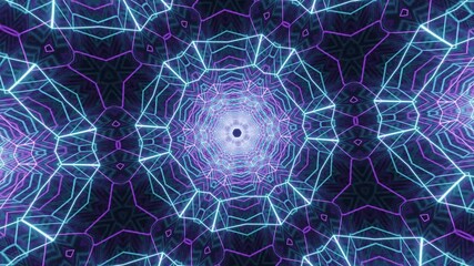 Abstract kaleidoscope mandala neon acid background, hexagonal luminous line structures creating ornamental dynamic geometry, seamless vibrant glowing animation in futuristic aesthetic design. - Powered by Adobe