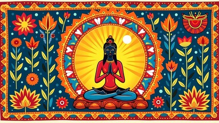 Obraz premium International Yoga Day sale banner design free space in the center Madhubani Paintings style