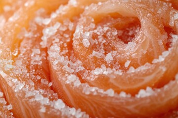 Freshly cured salmon presented in an elegant rose shape, garnished with coarse sea salt, ideal for gourmet dishes and fine dining events