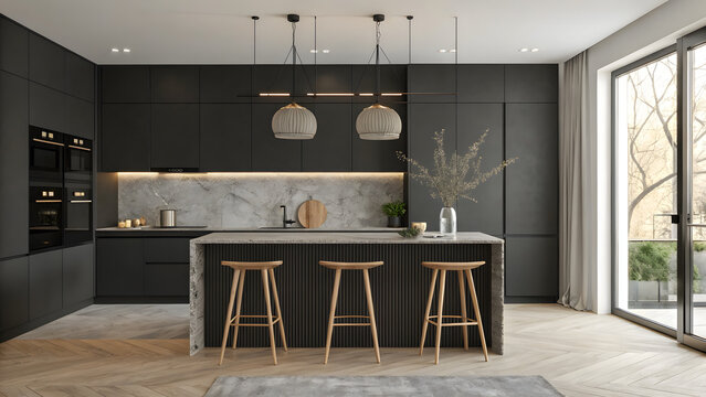 Sleek modern kitchen design with black cabinetry island and pendant lights
