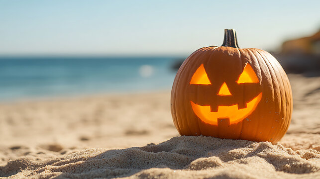 Halloween pumpkin on a sandy beach by the ocean, a unique coastal holiday celebration with spooky seasonal decor and sunny vibes.