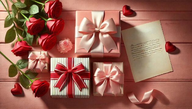 Romantic valentine s day gifts with red roses and a handwritten love letter on a wooden background