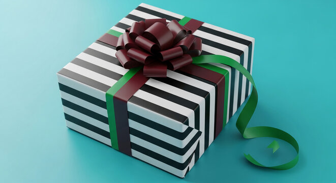 Black and white striped gift box with maroon and green ribbon bow, showcasing a celebratory or festive concept, ideal for holiday or promotional designs, free space for text