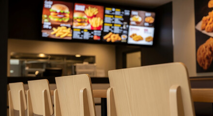 Light beige wooden chairs in a fast food restaurant, menu board with burgers and fries in the background, showcasing a casual dining scene