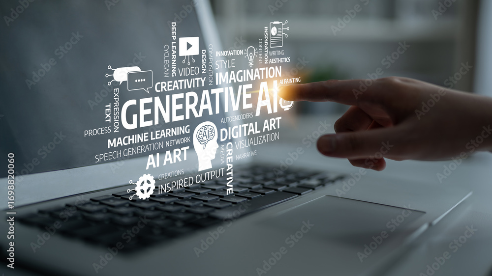 Poster a close-up image of a hand interacting with a laptop, showcasing themes of generative ai and digital