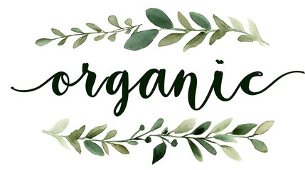 "Organic" cursive handwritten script text with decorative leaves background