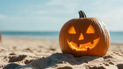 A jack-o'-lantern glows brightly on a sandy beach with the ocean waves in the background.  A coastal Halloween scene with a festive carved pumpkin.