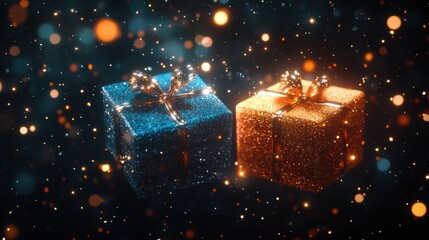 Glowing blue and orange gift boxes with sparkling ribbons