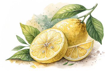 Watercolor painting of lemons with leaves, showcasing a sliced lemon and whole fruit isolated on transparent background, highlighting the vibrant colors and textures