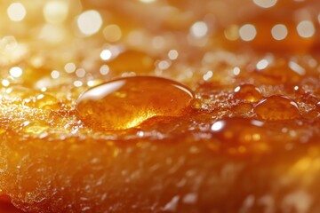 Close up of amber honey dripping on a honeycomb surface with glistening droplets reflecting light in a warm kitchen setting