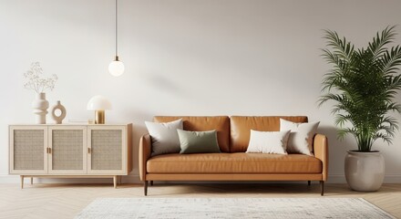 Obraz premium Modern living room with a tan leather sofa and a rattan cabinet