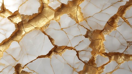 Cracked White and Gold Marble Texture with Abstract Metallic Veins