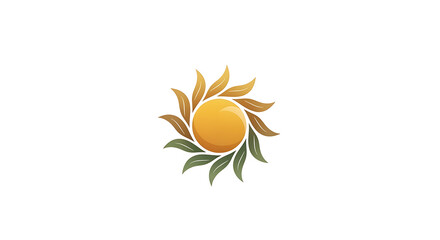 Naklejka premium Warm sun symbol with green and gold leaves radiating outwards on a clean white background