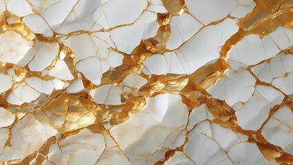 Cracked White and Gold Marble Texture with Abstract Metallic Veins
