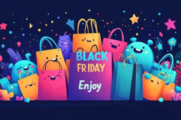 Colorful shopping bags with cheerful faces for Black Friday