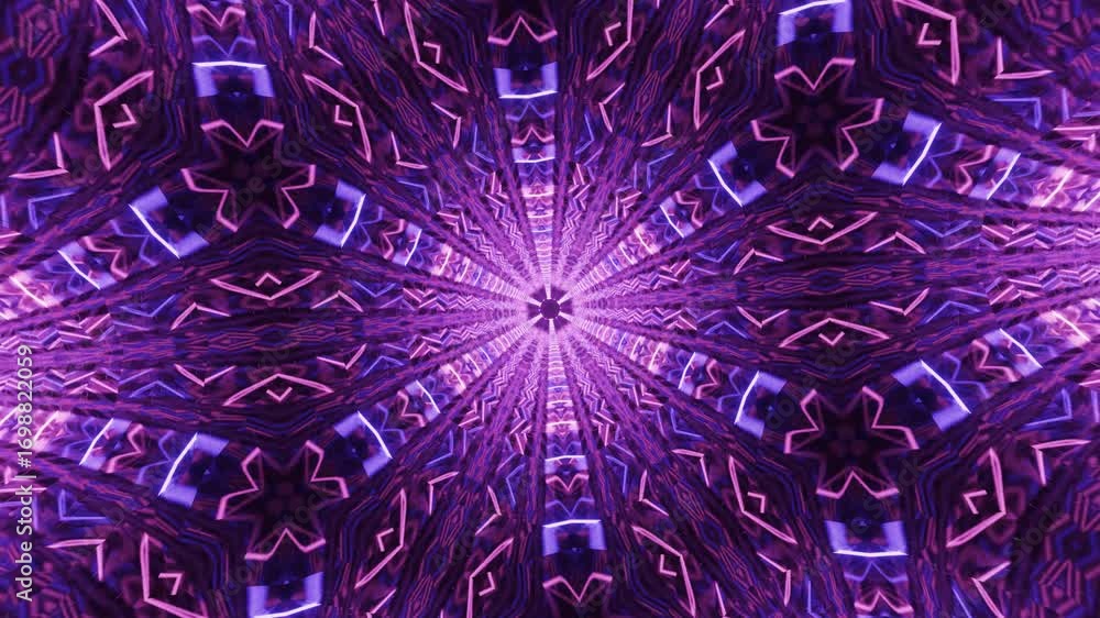 Poster abstract mandala kaleidoscope neon acid background of luminous hexagonal patterns, glowing ornamenta